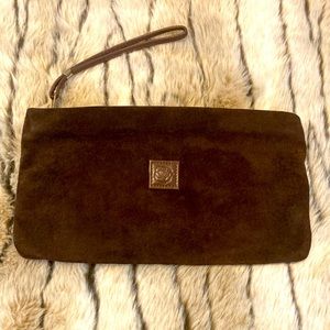 TONI Handbags Taupe Brown Suede Leather Zip Logo Wristlet Strap Clutch